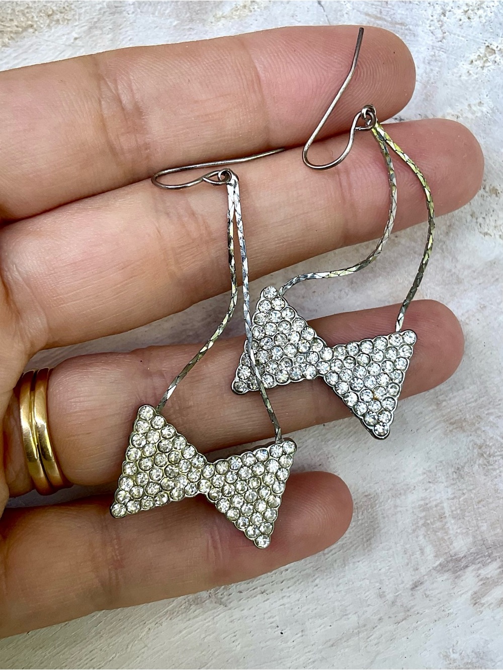 Vintage Silver Tone Rhinestone Bow Coquette Dangle Drop Pierced Earrings